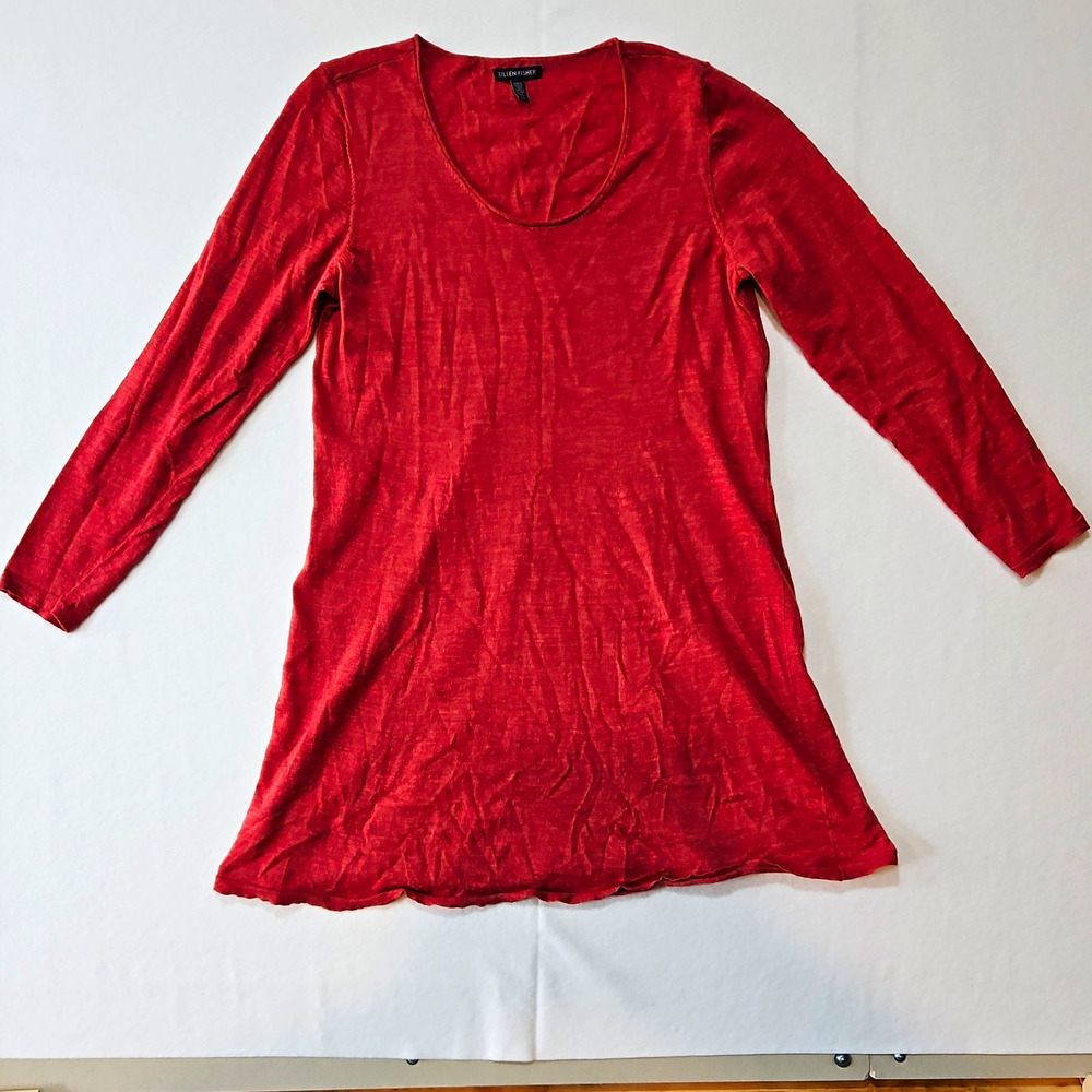 Eileen Fisher Women's Red Merino Wool Knit Scoop Neck Tunic Top L Long Sleeve